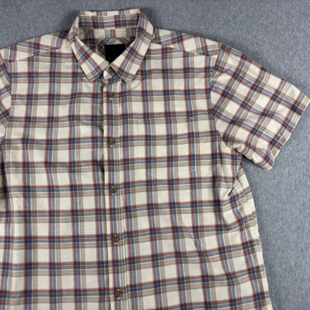 Prana Shirt Mens M Cream Plaid Organic Cotton Button Up Short Sleeve